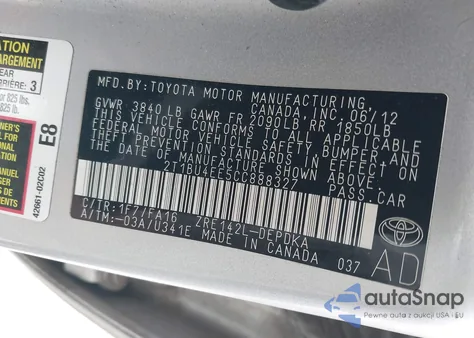 2012 Toyota Corolla L from USA, damaged, VIN 2T1BU4EE5CC888327